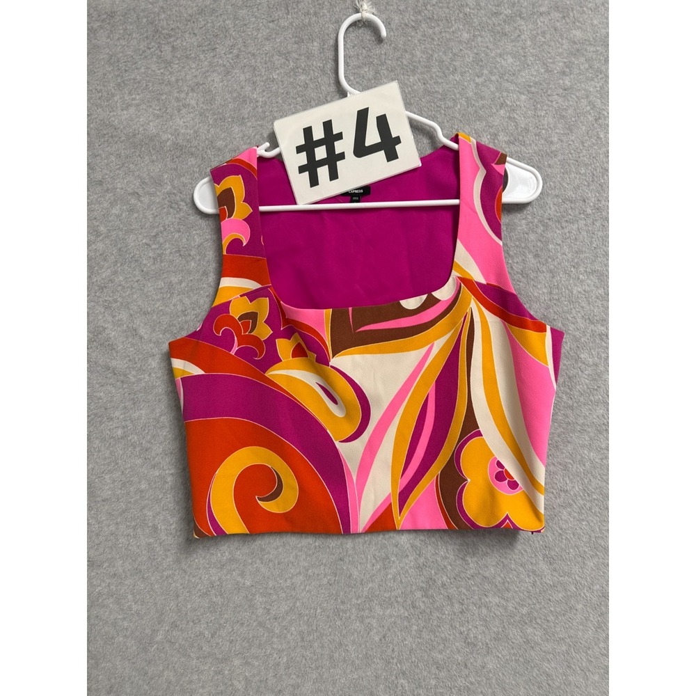 Express Cropped Top Womens Large Multicolor Printed Square Neck Stretch Casualโ